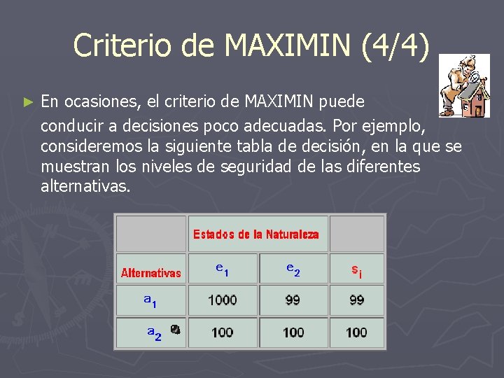 Criterio de MAXIMIN (4/4) ► En ocasiones, el criterio de MAXIMIN puede conducir a