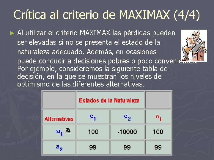 Crítica al criterio de MAXIMAX (4/4) ► Al utilizar el criterio MAXIMAX las pérdidas