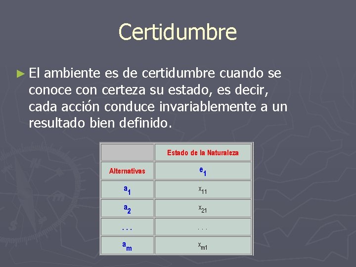 Certidumbre ► El ambiente es de certidumbre cuando se conoce con certeza su estado,