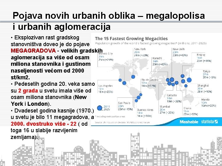 Pojava novih urbanih oblika – megalopolisa i urbanih aglomeracija • Eksplozivan rast gradskog stanovništva