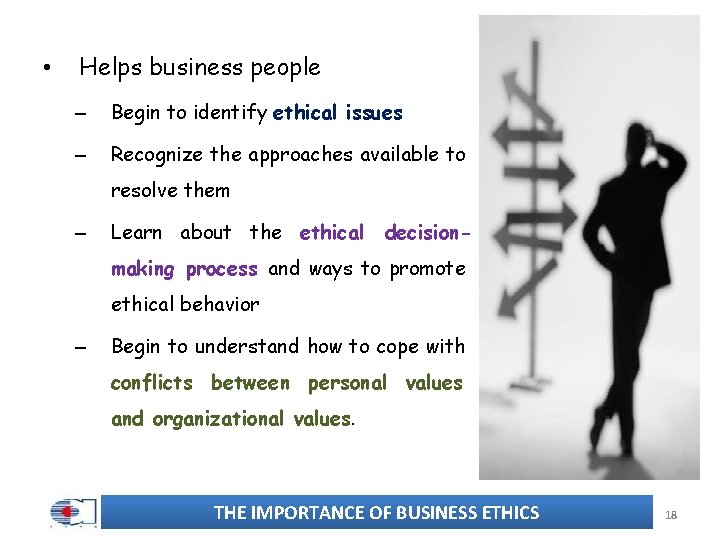  • Helps business people – Begin to identify ethical issues – Recognize the