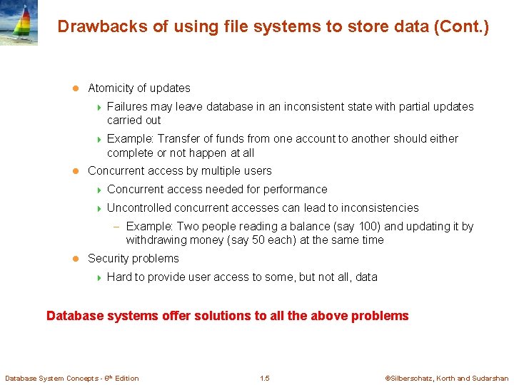 Drawbacks of using file systems to store data (Cont. ) l l Atomicity of