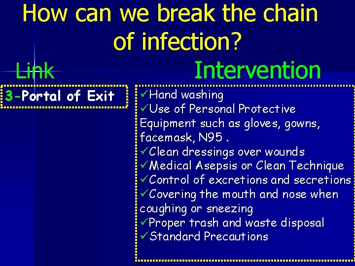 How can we break the chain of infection? Link Intervention 3 -Portal of Exit