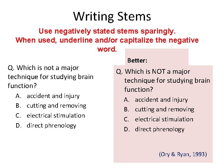 Writing Stems Use negatively stated stems sparingly. When used, underline and/or capitalize the negative