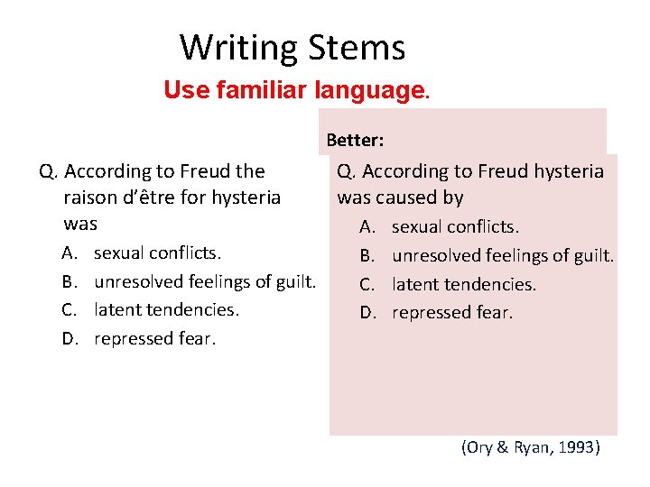 Writing Stems Use familiar language. Better: Q. According to Freud the raison d’être for