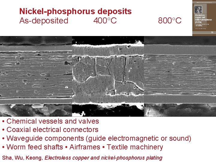 Nickel-phosphorus deposits As-deposited 400 C 800 C • Chemical vessels and valves • Coaxial