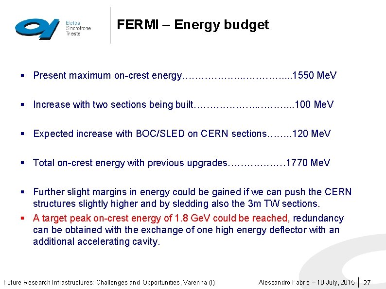 FERMI – Energy budget § Present maximum on-crest energy………………. . . . 1550 Me.