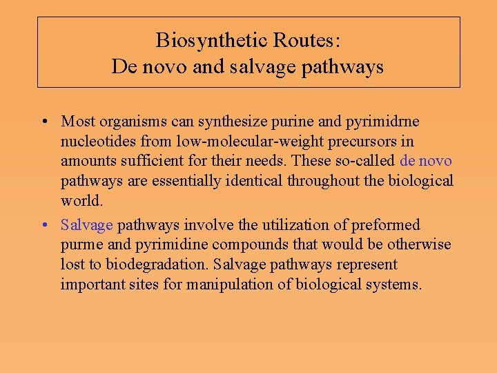 Biosynthetic Routes: De novo and salvage pathways • Most organisms can synthesize purine and