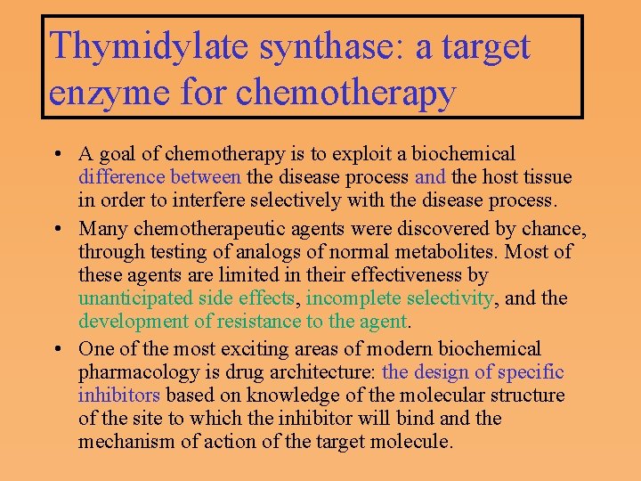 Thymidylate synthase: a target enzyme for chemotherapy • A goal of chemotherapy is to