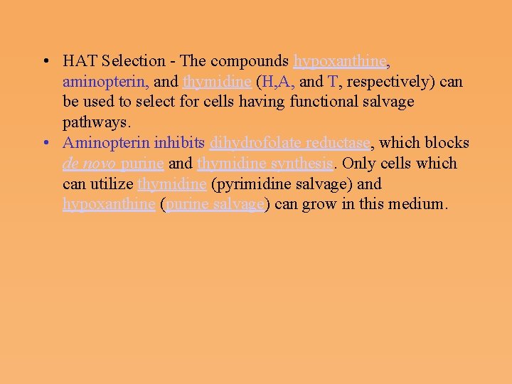  • HAT Selection The compounds hypoxanthine, aminopterin, and thymidine (H, A, and T,