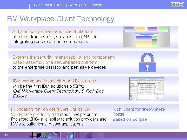 IBM Software Group | Web. Sphere software IBM Workplace Client Technology A dynamically downloaded