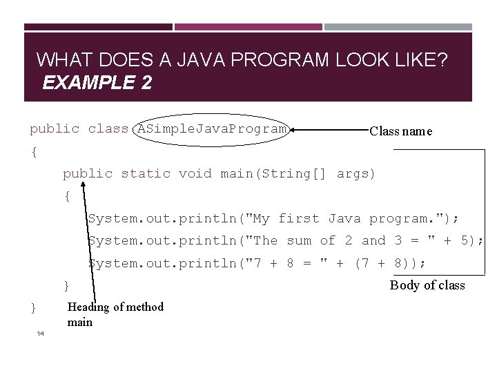 WHAT DOES A JAVA PROGRAM LOOK LIKE? EXAMPLE 2 public class ASimple. Java. Program WHAT DOES A JAVA PROGRAM LOOK LIKE? EXAMPLE 2 public class ASimple. Java. Program
