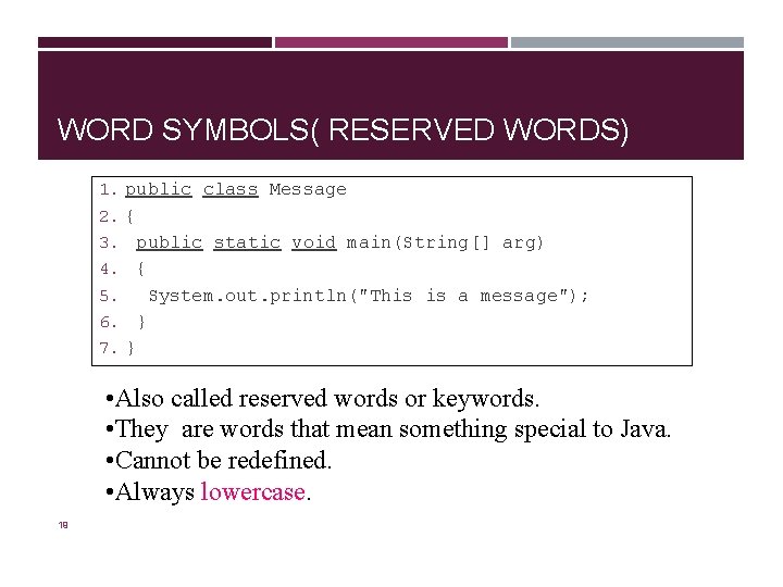 WORD SYMBOLS( RESERVED WORDS) 1. public class Message 2. { 3. public static void WORD SYMBOLS( RESERVED WORDS) 1. public class Message 2. { 3. public static void