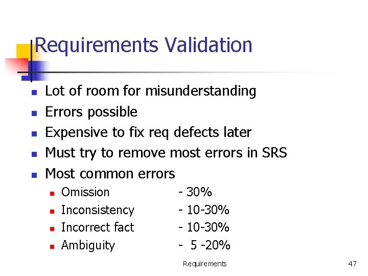 Requirements Validation n n Lot of room for misunderstanding Errors possible Expensive to fix