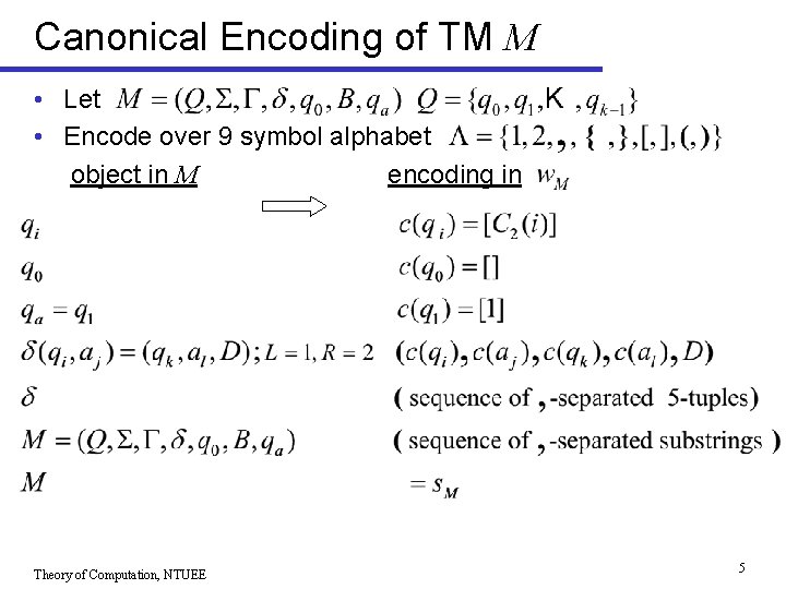 Canonical Encoding of TM M • Let • Encode over 9 symbol alphabet object