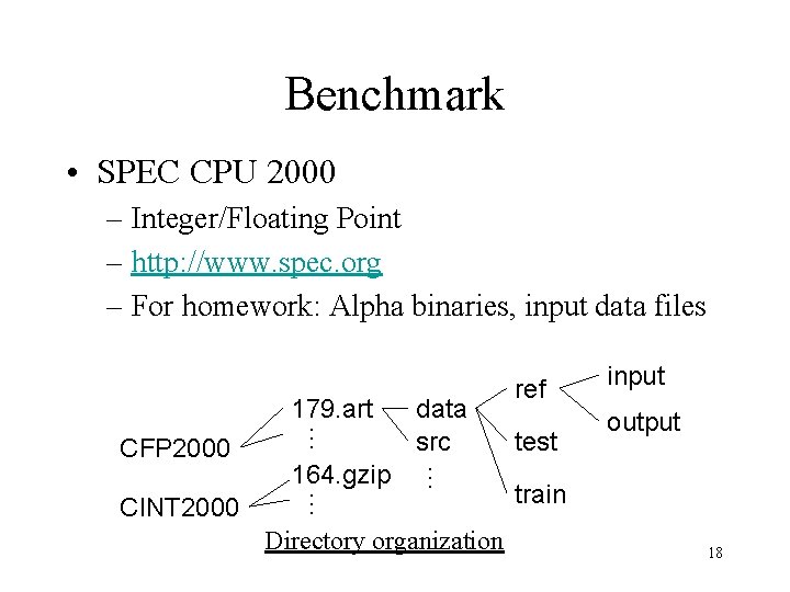 Benchmark • SPEC CPU 2000 – Integer/Floating Point – http: //www. spec. org –