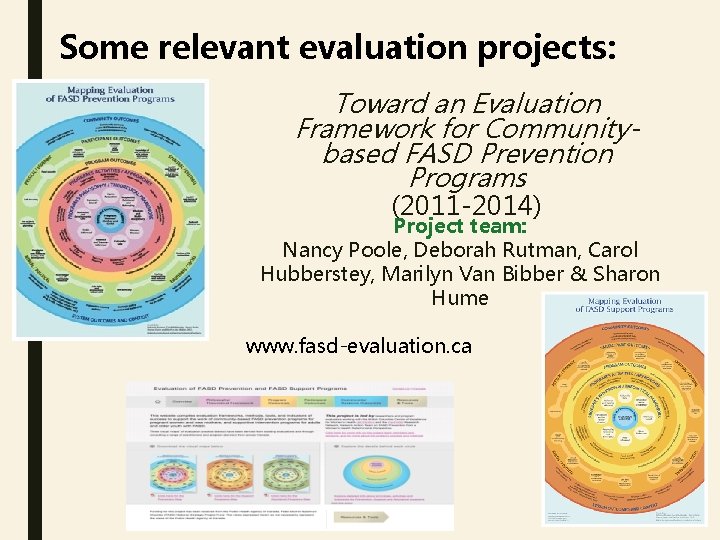 Some relevant evaluation projects: Toward an Evaluation Framework for Communitybased FASD Prevention Programs (2011