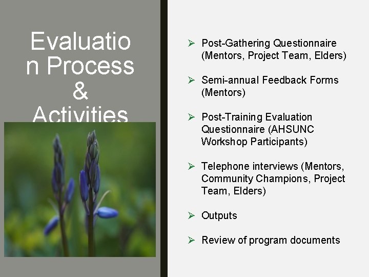 Evaluatio n Process & Activities Ø Post-Gathering Questionnaire (Mentors, Project Team, Elders) Ø Semi-annual