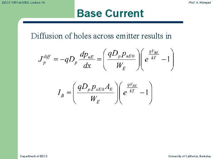 EECS 105 Fall 2003, Lecture 14 Prof. A. Niknejad Base Current Diffusion of holes