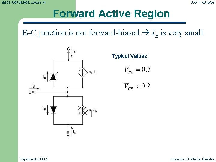 EECS 105 Fall 2003, Lecture 14 Prof. A. Niknejad Forward Active Region B-C junction