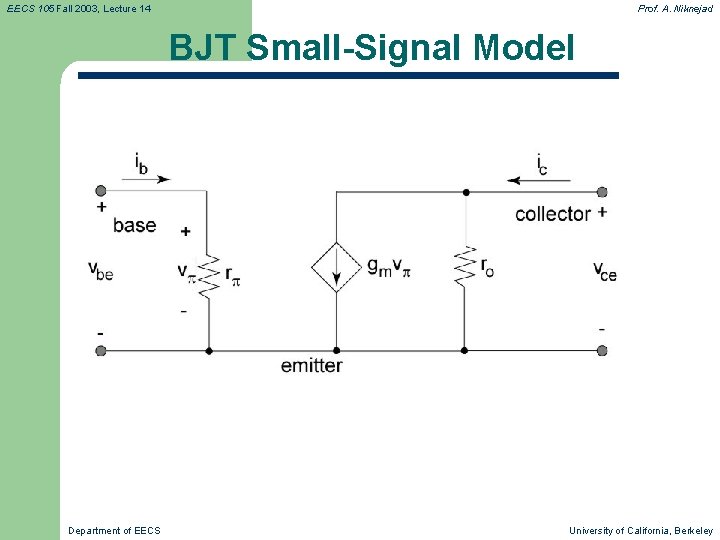 EECS 105 Fall 2003, Lecture 14 Prof. A. Niknejad BJT Small-Signal Model Department of