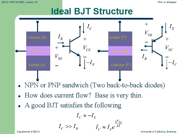 EECS 105 Fall 2003, Lecture 14 Prof. A. Niknejad Ideal BJT Structure Collector (N)