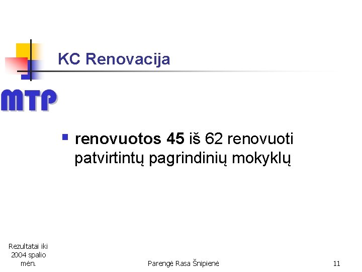 KC Renovacija § renovuotos 45 iš 62 renovuoti patvirtintų pagrindinių mokyklų Rezultatai iki 2004