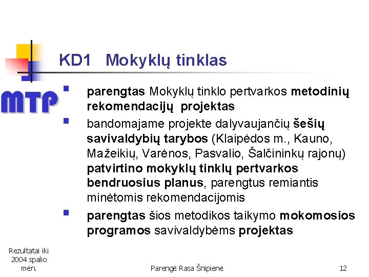 KD 1 Mokyklų tinklas § § § Rezultatai iki 2004 spalio mėn. parengtas Mokyklų