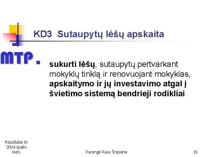 KD 3 Sutaupytų lėšų apskaita § Rezultatai iki 2004 spalio mėn. sukurti lėšų, sutaupytų