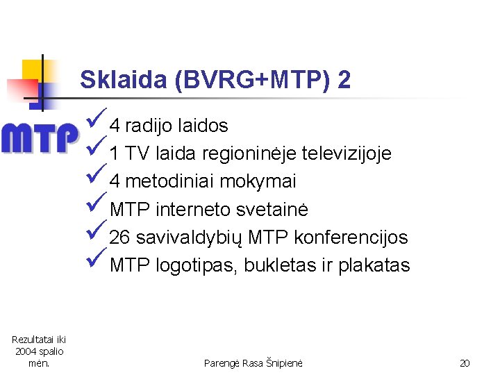 Sklaida (BVRG+MTP) 2 ü 4 radijo laidos ü 1 TV laida regioninėje televizijoje ü