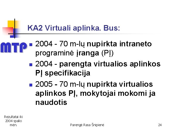 KA 2 Virtuali aplinka. Bus: n n n Rezultatai iki 2004 spalio mėn. 2004