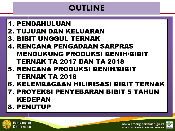 OUTLINE 1. 2. 3. 4. 5. 6. 7. 8. PENDAHULUAN TUJUAN DAN KELUARAN BIBIT