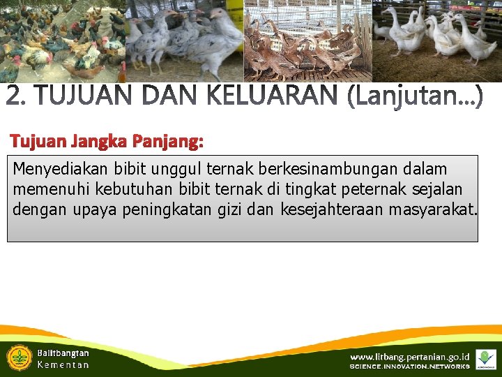 Tujuan Jangka Panjang: Menyediakan bibit unggul ternak berkesinambungan dalam memenuhi kebutuhan bibit ternak di