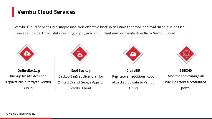 Vembu Cloud Services is a simple and cost-effective backup solution for small and mid-sized