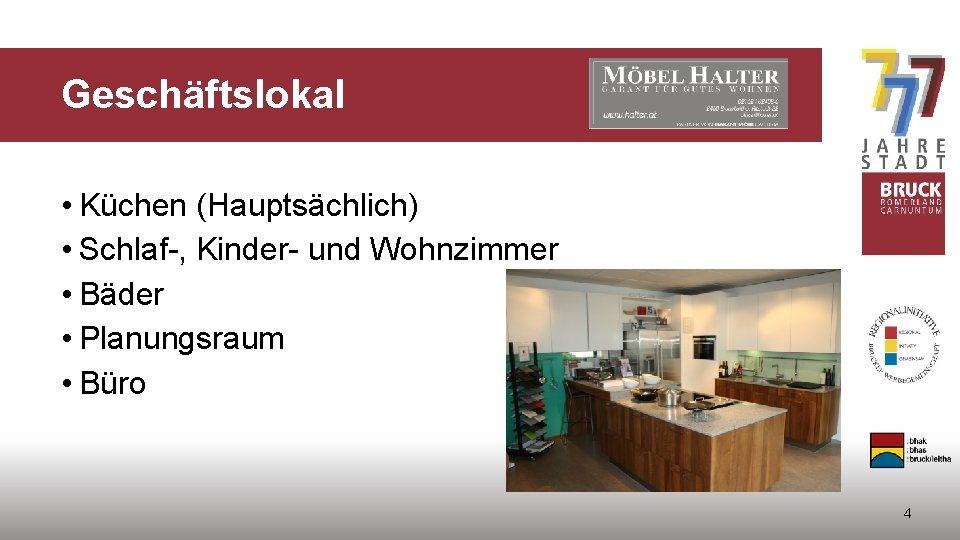 Geschäftslokal • Küchen (Hauptsächlich) • Schlaf-, Kinder- und Wohnzimmer • Bäder • Planungsraum •