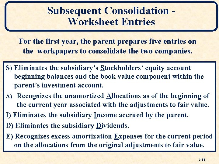Subsequent Consolidation Worksheet Entries For the first year, the parent prepares five entries on