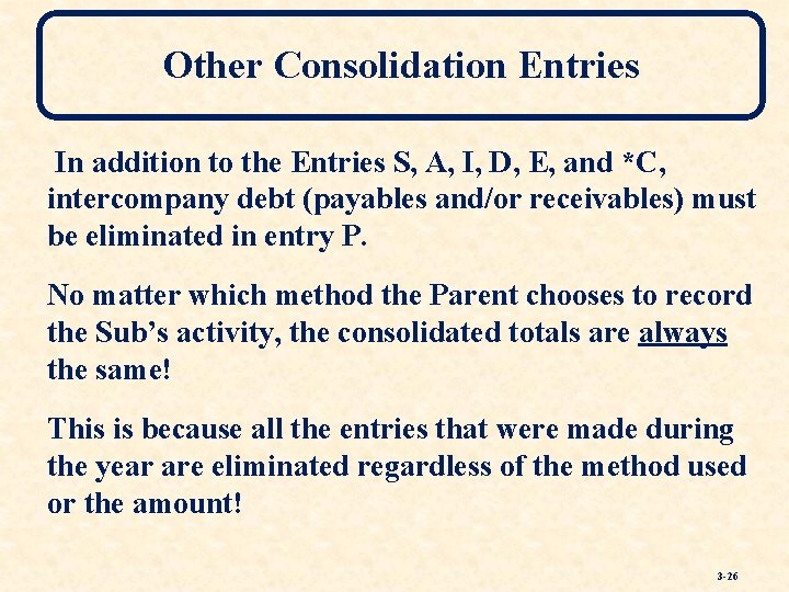 Other Consolidation Entries In addition to the Entries S, A, I, D, E, and