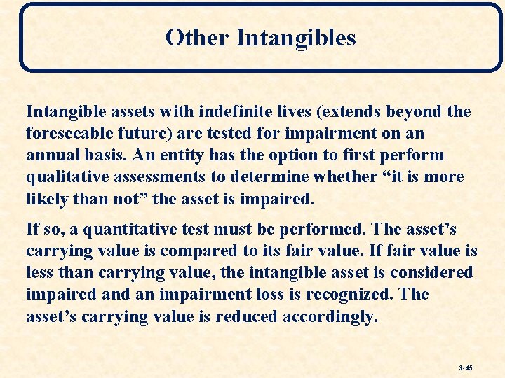 Other Intangibles Intangible assets with indefinite lives (extends beyond the foreseeable future) are tested