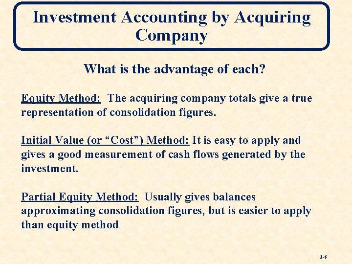 Investment Accounting by Acquiring Company What is the advantage of each? Equity Method: The