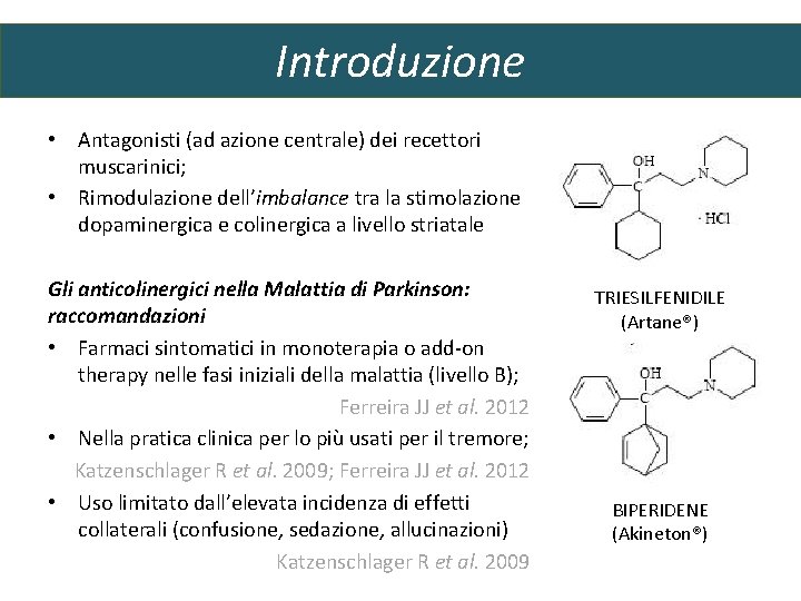 Introduzione • Antagonisti (ad azione centrale) dei recettori muscarinici; • Rimodulazione dell’imbalance tra la