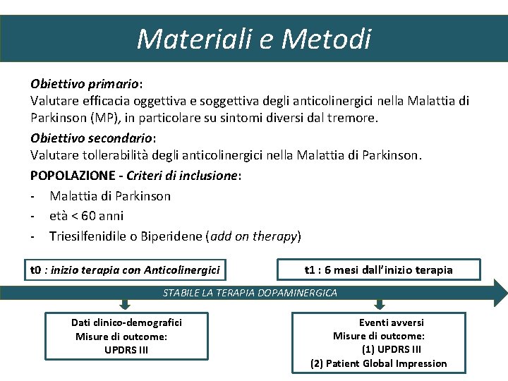 Materiali e Metodi Obiettivo primario: Valutare efficacia oggettiva e soggettiva degli anticolinergici nella Malattia