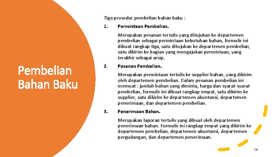 Tiga prosedur pembelian bahan baku : 1. Permintaan Pembelian. Merupakan pesanan tertulis yang ditujukan