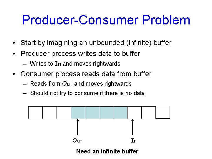 Producer-Consumer Problem • Start by imagining an unbounded (infinite) buffer • Producer process writes