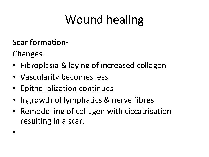 Wound healing Scar formation- Changes – • Fibroplasia & laying of increased collagen •