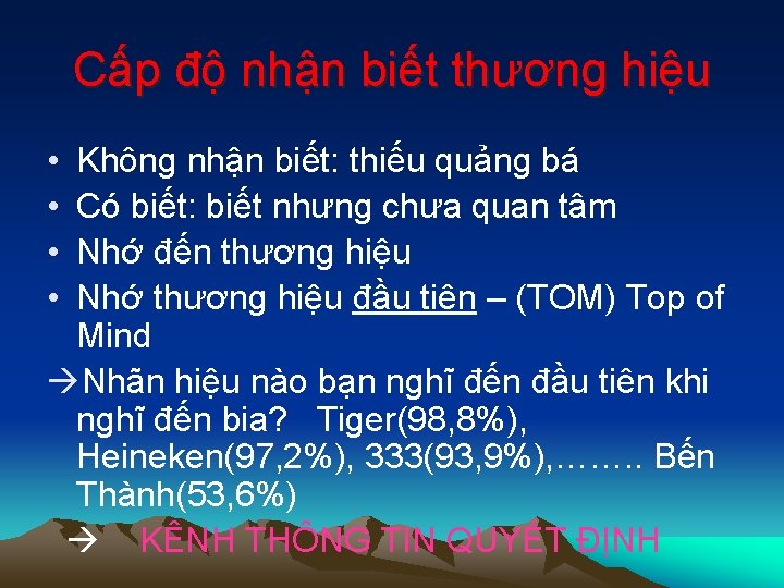 Cấp độ nhận biết thương hiệu • • Không nhận biết: thiếu quảng bá