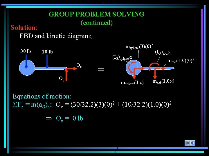 GROUP PROBLEM SOLVING (continued) Solution: FBD and kinetic diagram; 30 lb msphere(3)(0)2 10 lb
