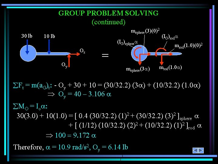 GROUP PROBLEM SOLVING (continued) 30 lb msphere(3)(0)2 10 lb (IG)sphere Ox Oy = msphere(3