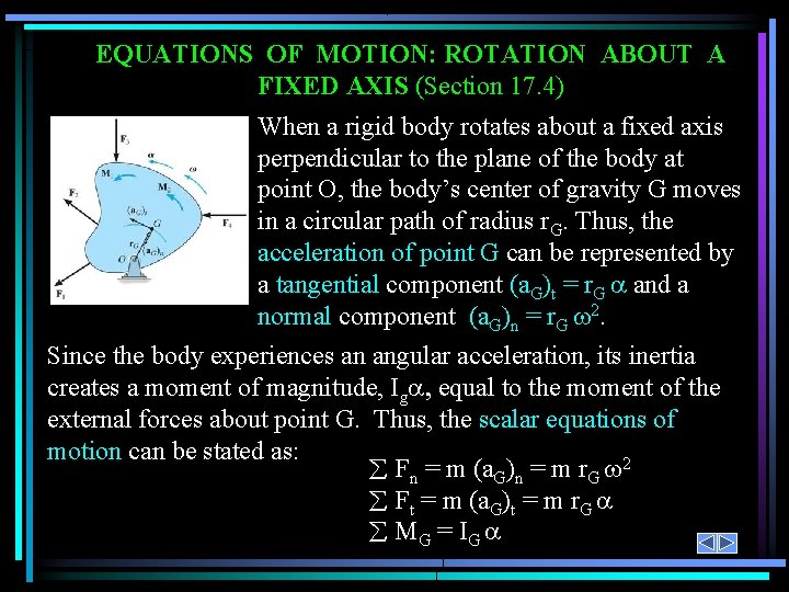 EQUATIONS OF MOTION: ROTATION ABOUT A FIXED AXIS (Section 17. 4) When a rigid