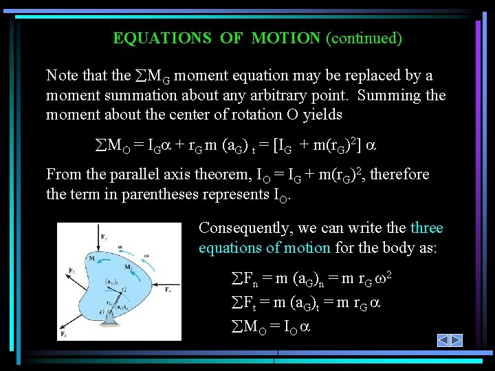 EQUATIONS OF MOTION (continued) Note that the MG moment equation may be replaced by