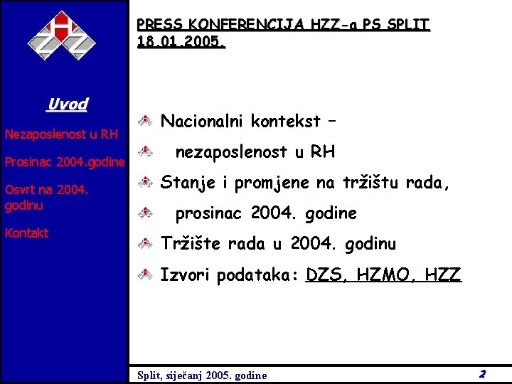 PRESS KONFERENCIJA HZZ-a PS SPLIT 18. 01. 2005. Uvod Nezaposlenost u RH Prosinac 2004.